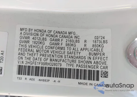 2024 Honda Civic Touring из США, поврежденный, VIN 2HGFE1F99RH328079